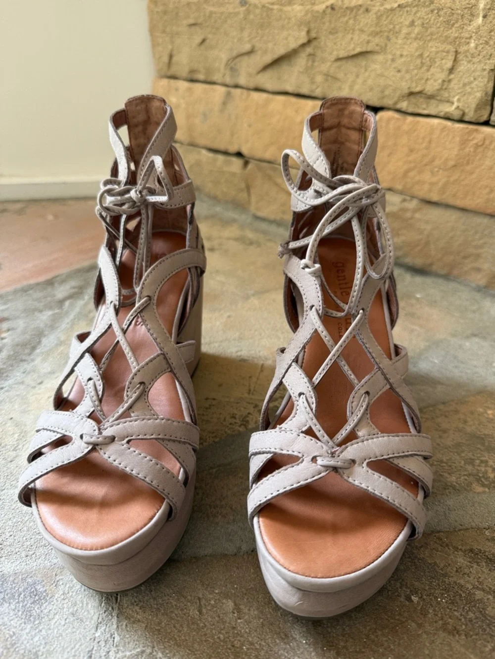 Gentle Souls “Joy” Taupe Nubuck Lace-Up High Wedge Sandals